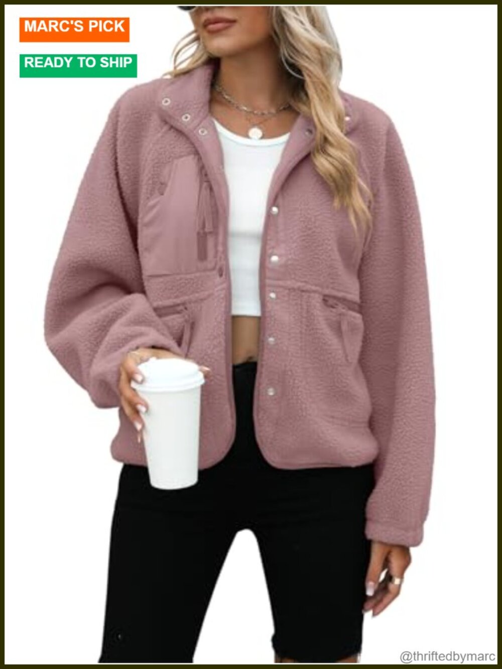 Womens Sherpa Fleece Button Down Jacket Fuzzy Oversized Cropped Coat